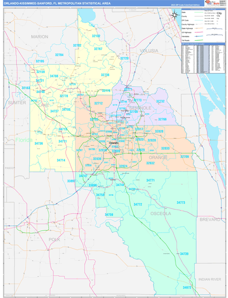 Orlando-Kissimmee-Sanford Metro Area Wall Map Color Cast Style